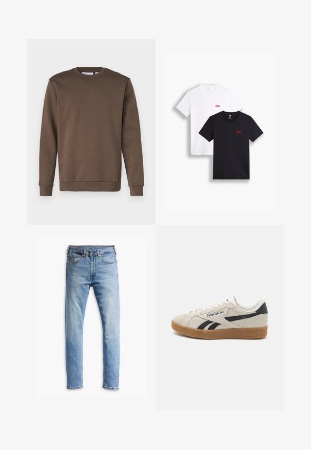Only & Sons ONSCERES CREW NECK NOOS - Sudadera - major brown; Dos camisetas de manga corta: una blanca y una negra. Ambas de algodón con un logo rojo de Levi's en el pecho. Diseño simple de cuello redondo.; Vaqueros de denim azul claro con un diseño de corte recto, cinco bolsillos, cierre de botón y un leve desgastado en la tela.; Zapatillas Reebok de ante beige con detalles en negro. Tienen una suela de goma, cordones tradicionales y un cuello acolchado para mayor comodidad.