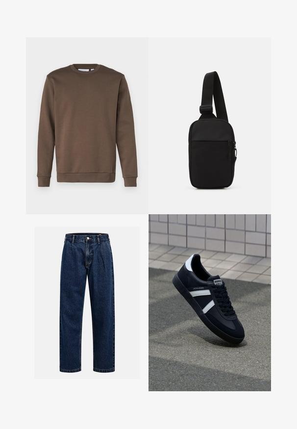 Only & Sons ONSCERES CREW NECK - Mikina - major brown; Tmavě modré džíny s rovnými nohavicemi. Mají viditelné švy, zapínání na knoflík a přední záhyby pro zvýraznění detailu.; Černé kožené tenisky s bílými pruhy, texturovanou gumovou podrážkou a šněrováním vpředu. Obsahují značenou etiketu na jazyku.; Černá crossbody taška vyrobená z odolné tkaniny, s jedním nastavitelným popruhem, zapínacím hlavním oddělením a přední kapsou.
