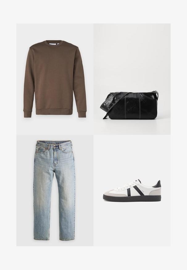 Only & Sons ONSCERES CREW NECK - Sweatshirt - major brown; Light blue denim jeans with high waist, front button, zipper, and five-pocket design, laid flat on a neutral background.; White sneaker with black and gray accents, featuring a textured gray toe cap, black rubber sole, and flat white laces. Clean design, minimalist style.; Black leather shoulder bag with a zip closure, featuring a textured body, white stitching, and a strap with silver grommets.