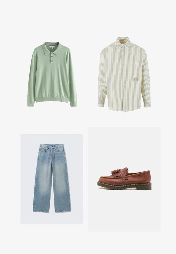 Hellgrüner Langarm-Polo-Pullover aus weichem Material. Mit Kragen und Drei-Knopf-Leiste. Gerippte Bündchen und Saum.; Hellgrünes und weiß gestreiftes Hemd mit Knopfleiste, einer Brusttasche und gesticktem Logo auf der linken Seite. Aus Baumwollmaterial, mit langen Ärmeln.; Hellblaue, weit geschnittene Denim-Jeans mit einem verblassten Finish, fünf Taschen und Metallnieten; gerade Silhouette mit einem sauberen Saum.; Braune Leder-Mokassins mit Quastenakzenten, strukturierten Oberflächen und kontrastierenden gelben Nähten entlang der schwarzen Gummisohle. Seitenansicht.