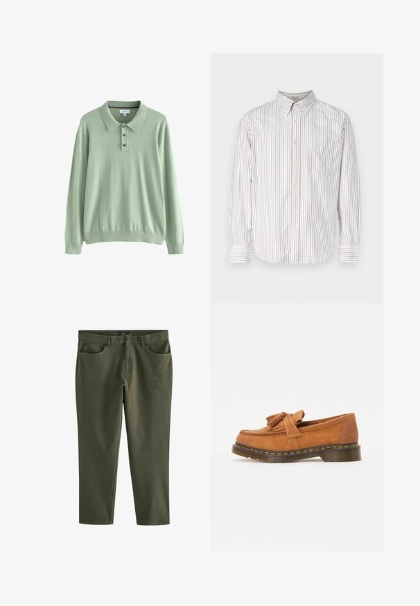 Vaaleanvihreä pitkähihaisen polo-neuleen, joka on valmistettu pehmeästä kankaasta. Siinä on kauluspaita ja kolmonen napituksesta. Ribbi hihansuut ja helma.; GANT 75TH ANNIVERSARY CAPSULE - REL HERITAGE OXFORD STRIPE SHIRT - Paitapusero - eggshell; Harmaat suorat housut, valmistettu kestävästä kankaasta, etutaskuilla ja nappikiinnityksellä, yksinkertainen ja selkeä muotoilu.; Ruske nubukloafer s ukrasnim mašnom, s okruglim prstima i debelim, rebrastim đonom s detaljima narančaste konca.