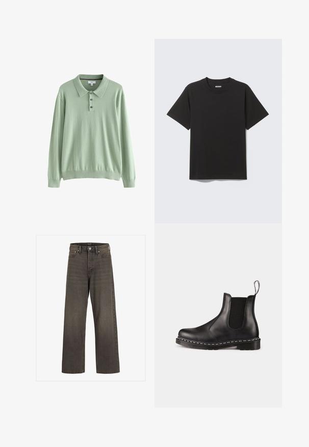 Lysegrøn langærmet polo-sweater lavet af blødt stof. Har en krave og en tre-knaps placket. Ribbrug ved ærmerne og kanten.; Sort T-shirt med korte ærmer lavet af blød bomuld, med rund halsudskæring og enkelt design uden mønstre eller accenter.; Bredde ben jeans i mørkegrå denim med høj talje, klassisk fem-lommer design og kontrasterende syninger langs sømmene.; Sort læder Chelsea-støvle med elastiske sidepaneler, afrundet tå, pull-tab, hvid stikning på sålen og tekstureret gummisål.