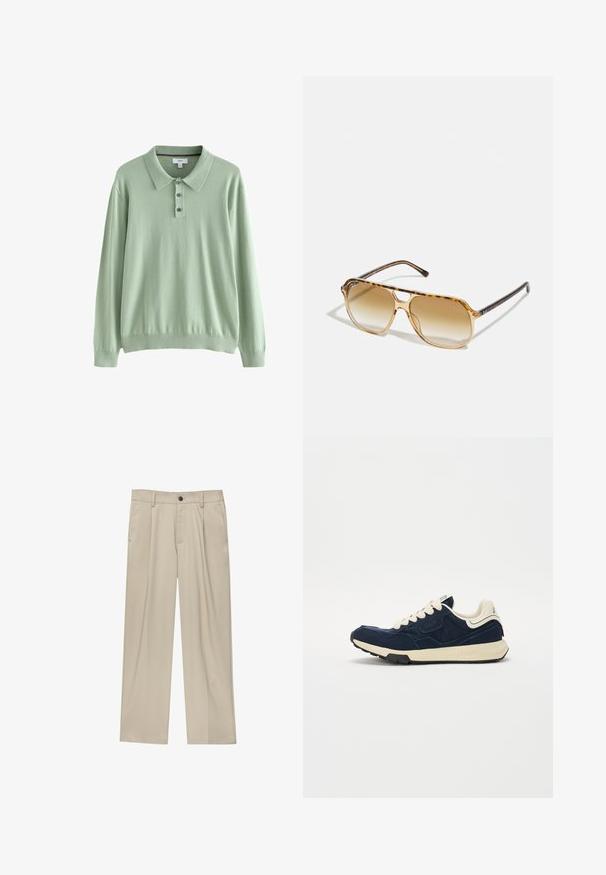 Lysegrøn langærmet polo-sweater lavet af blødt stof. Har en krave og en tre-knaps placket. Ribbrug ved ærmerne og kanten.; Beige bukser med lige snit, der har en enkelt sort knap, bæltestropper og sidelommer. Glat stoftekstur og minimalistisk design.; Marineblå sneakers med en struktureret ruskindsøvre, cremefarvede snørebånd og en beige mellemsål. Har et klassisk atletisk design og gummiydersål.; Skildpaddefarvede solbriller med rektangulær ramme, brune gradientlinser og slanke sorte stænger med diskrete logodetaljer.
