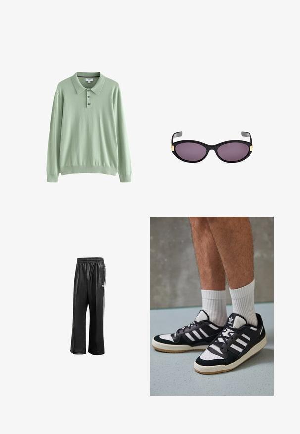 Suéter polo de manga larga de color verde claro, hecho de una tela suave. Presenta un cuello con solapa y una tapeta de tres botones. Puños y dobladillo acanalados.; Pantalones de chándal sintéticos negros con cinturilla elástica, que presentan rayas laterales blancas y un pequeño logo blanco en la cadera izquierda.; Zapatillas en blanco y negro con parte superior de ante y cuero, que presentan tres franjas blancas, una puntera perforada y una suela de goma.; Gafas de sol tipo cat-eye negras con lentes morados. Presenta acentos dorados cerca de las patillas. Montura de plástico suave con un acabado brillante.