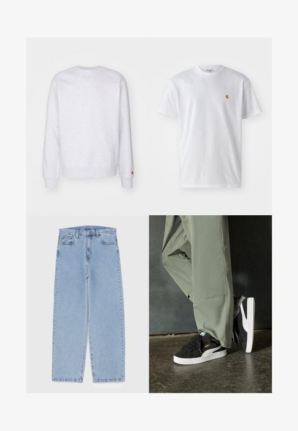 Svetle šedá mikina s kruhovým výstřihem, dlouhými rukávy, žebrovanými manžetami a malou nášivkou poblíž spodního lemu. Vyrobena z měkké látky.; Bílé bavlněné tričko s krátkým rukávem a kulatým výstřihem, s malým zlatým logem na levé straně hrudi. Měkká textura a klasický střih.; Světle modré džíny s rovnými nohavicemi, středním pasem, pěti kapsami a zapínáním na knoflík a zip.; Černé semišové tenisky s bílými gumovými podrážkami a bočními pruhy, spárované se světle zelenými cargo kalhotami, stojící na texturovaném tmavém povrchu.