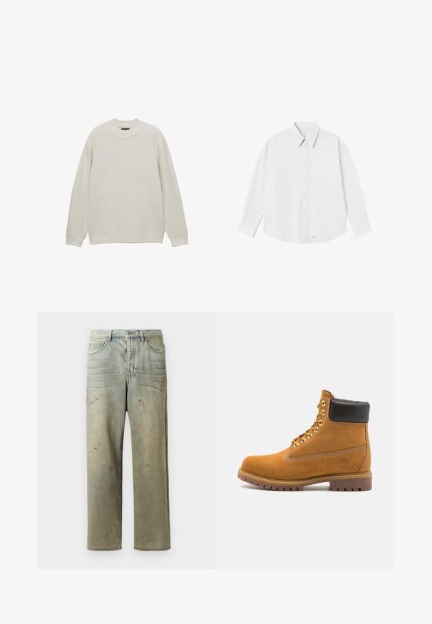 Világosszürke, kötött pulóver kerek nyakkal, hosszú ujjakkal, bordázott textúrával és testhez simuló mandzsettákkal. Egyszerű dizájn, látható logók vagy minták nélkül.; Fehér gombos ing, klasszikus gallérral, hosszú ujjakkal és kerekített aljjal; a bal alsó részen kis narancssárga logó található.; Fakó zöld, kopott farmerszadrág, egyenes lábbal, ötk zsebes kialakítással, egyenetlen kopással és festékcseppekkel.; Barna velúr bokacipő fekete párnázott gallérral, arany fém fűzőlyukakkal, fehér varrási részletekkel és durva gumitalppal, amelynek kifejezett barázdái vannak.