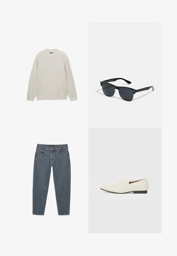 Vaaleanharmaa neulottu villapaita, jossa on pyöreä kaula-aukko, pitkät hihat, ribbikuviointi ja napakat hihansuut. Yksinkertainen muotoilu ilman näkyviä logoja tai kuvioita.; Tummansiniset farkut rentoa istuvuutta, viisi-taskista muotoilua, napitus ja hieman kuluneet lahkeensuukkeet. Kestävä materiaali, jossa on hienovarainen tekstuuri.; Vaaleanbeige loaferit, joissa on terävä kärki, sileä materiaali, nauha vampin yli ja matala ruskea pohja. Yksinkertainen muotoilu, jossa on minimaalista korostusta.; Mustat aurinkolasit, joilla on suorakulmainen muoto, tummat linssit, hopeiset yksityiskohdat temppeleissä ja matta pinta kehykset.