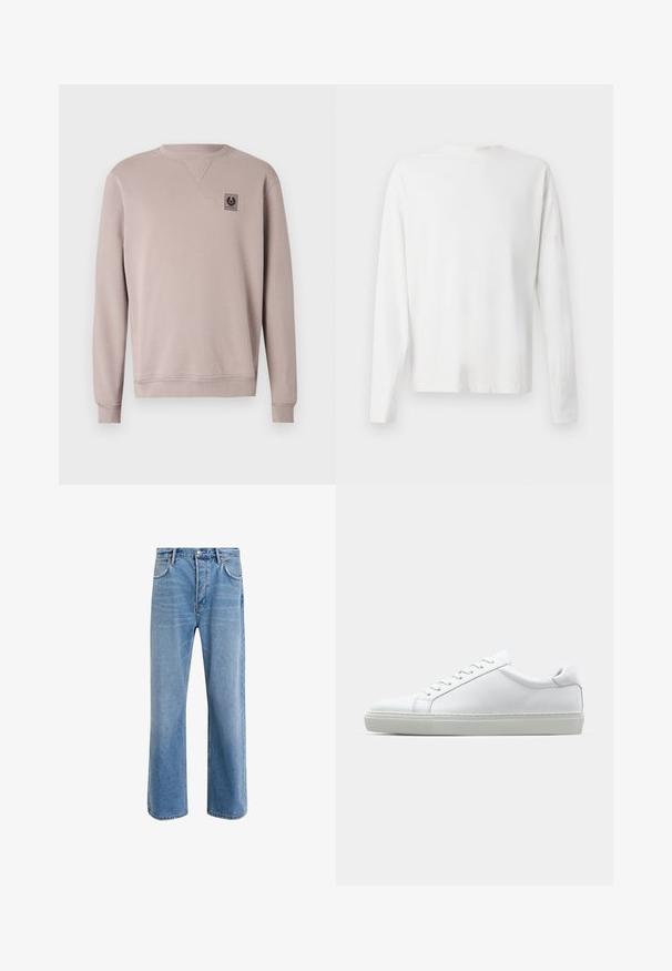 Felpa beige chiaro a maniche lunghe, con polsini e orlo a coste, caratterizzata da un piccolo logo nero sul petto e un colletto testurizzato.; Camicia bianca in cotone a maniche lunghe con scollatura rotonda, spacchi laterali in fondo e una texture liscia, mostrata da dietro.; Jeans in denim blu chiaro con design a gamba dritta, cinque tasche, chiusura con bottone, leggero sbiadimento e dettagli di cucitura a contrasto.; Sneaker bianco con tomaia in pelle liscia e profilo basso. Presenta una punta arrotondata, sei occhielli e una suola in gomma testurizzata.