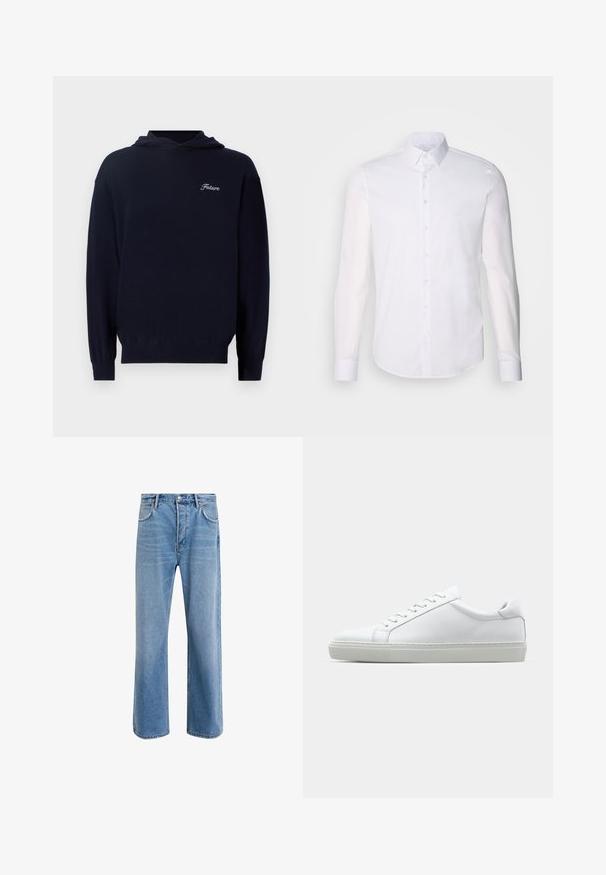 Tamno plava dukserica od mekog materijala, s prednjim džepom, rebrastim manžetama i malim bijelim vezom "Future" na prsima.; Bijela košulja dugih rukava s gumbima napravljena od pamuka, s klasičnom kragnom, prednjim gumbima i minimalnim detaljima šivanja.; Svijetloplave traperice s ravnim nogavicama, pet džepova, zatvaranjem na gumb, minimalnim izbljeđivanjem i kontrastnim šavovima.; Bijela tenisica s glatkim kožnim gornjim dijelom i niskim profilom. Ima zaobljen vrh, šest rupica za vezanje i teksturiranu gumenu podlogu.