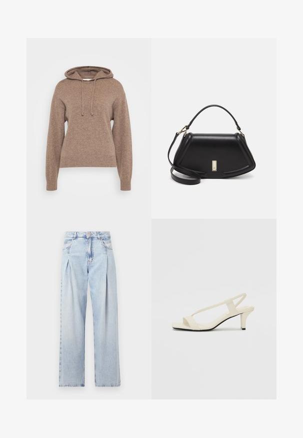 Brauner Hoodie aus weichem Strickmaterial, mit einer Kapuze mit Kordelzug, langen Ärmeln sowie einem gerippten Saum und Ärmeln.; Helle blaue Denim-Jeans mit hoher Taille, weitem Beinschnitt, zwei seitlichen Taschen und gefaltetem Design. Weiche Textur mit einem ausgebleichten Finish.; Beige Blockabsatzsandalen mit dünnen Riemen und quadrater Spitze. Glattes Material mit minimalem Design, entworfen für einfaches Tragen.; Schwarze Lederhandtasche mit einem strukturierten Design, das eine verkürzte Form, einen oberen Griff und goldfarbene Hardware-Details aufweist. Verstellbarer Schulterriemen ist enthalten.