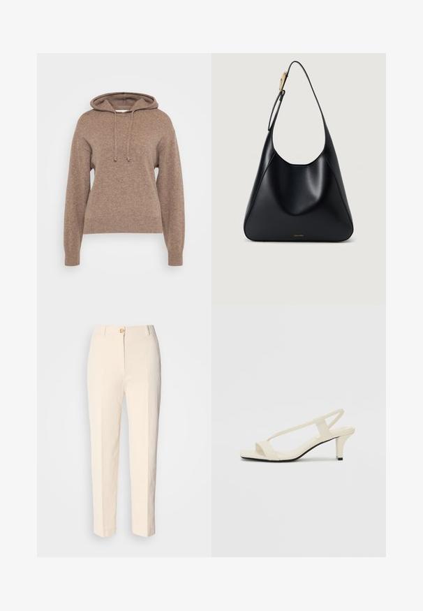 Brazda kapuce, izgatavota no mīksta adīta materiāla, ar auklu kapuci, garām piedurknēm un ribotu apakšmalu un piedurknēm.; Krēma krāsas augstākā jostas līmeņa bikses, izgatavotas no teksturēta auduma. Tām ir aizdare priekšā ar pogu un sašaurināti kājām.; Beige bloku papēžu sandales ar plānām siksnām un kvadrāta formas purngalu. Gluda materiāla virsma ar minimālām detaļām, paredzētas ērtai nēsāšanai.; Melnas ādas plecu soma ar gludu tekstūru, izliekta silueta un zelta aparatūru. Aprīkota ar debumpētu zīmola logotipu apakšā.