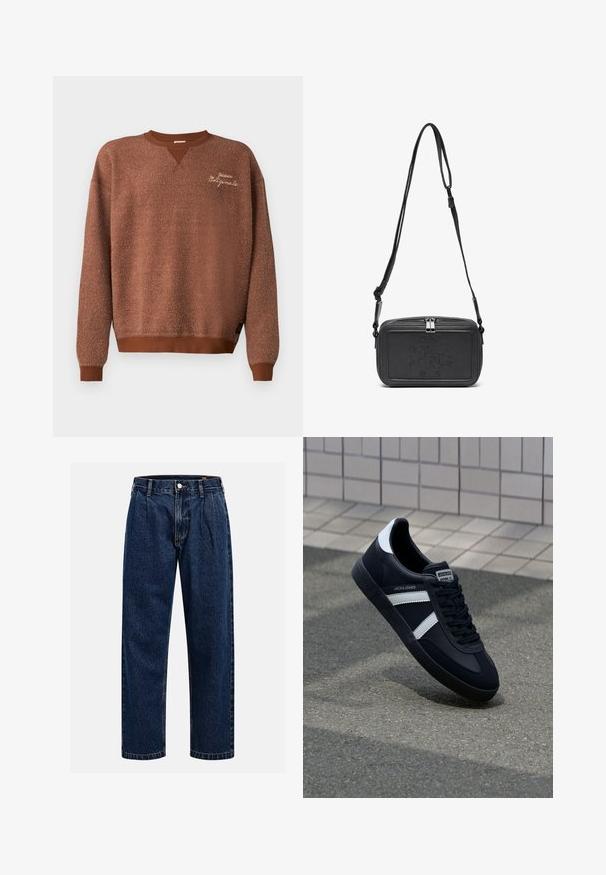 Rjava sweatshirt z teksturirano površino, ki ima obliko V-izreza in rebraste manšete. Izšit oznaka z napisom "Guess Originals."; Temno modri kavbojki iz denima s pravim krojem. Imajo vidno šivanje, zapenjanje na gumb in sprednje plitke za dodaten detajl.; Črne usnjene superge z belimi črtami, teksturiran gumijast podplat in zavezovanje spredaj. Imajo označeno oznako na ježku.; Črna usnjena torbica čez ramo z zadrgo, embosirano logotipom spredaj in nastavljivim pasom. Gladka površina z pravokotno obliko.