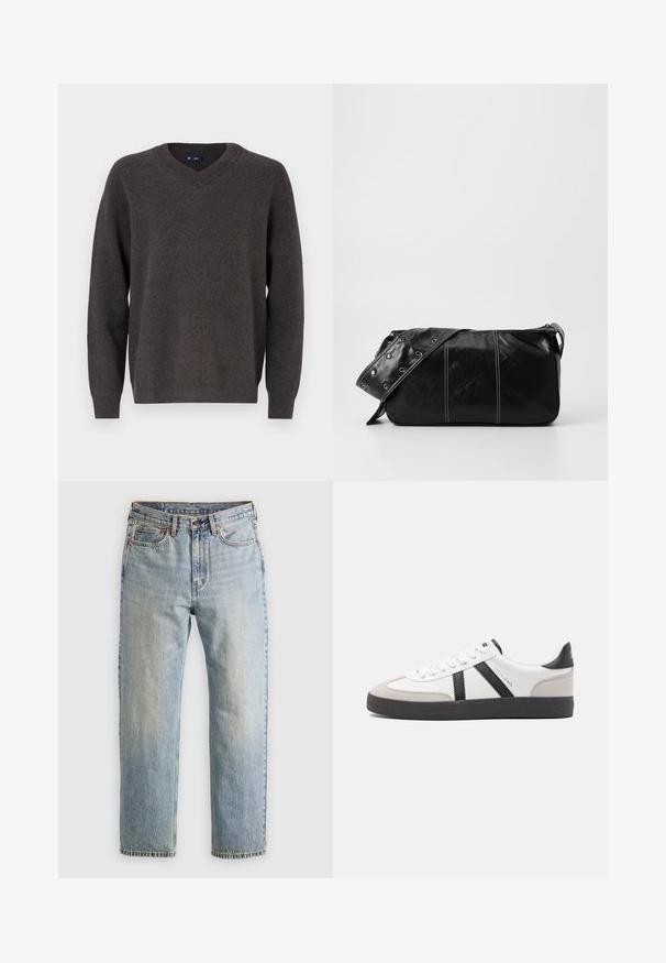 Pulover z V-izrezom in dolgimi rokavi v temno sivi pletenini. Ima klasičen kroj z rebrastimi manšetami in robom. Gladka tekstura, minimalističen dizajn.; Svetlo modri džins hlače z visokim pasom, sprednjim gumbom, zadrgo in petimi žepi, laid flat na nevtralni podlagi.; Bela športna obutev z črnimi in sivo akcenti, z teksturirano sivo kapico za prste, črnim gumijastim podplatom in ravnimi belimi vezalkami. Čista zasnova, minimalistični slog.; Črna usnjena torba za ramo z zadrgo, ki ima teksturirano telo, belo šivanje in trak s srebrnimi luknjami.