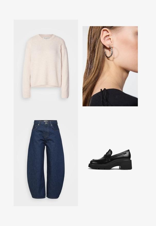 Világos rózsaszín, texturált kötött pulóver kerek nyakkal és hosszú ujjakkal. A bordás mandzsetta és az alsó szegély laza illeszkedést biztosít. A márkacímke a nyakrészen látható.; Magas derekú sötétkék farmernadrág széles lábakkal, elöl gombbal és cipzárral záródik, klasszikus öt zsebes kialakítással.; Fekete bőr, vastag sarkú loaferek vastag talppal és a felső részén egy pánttal, oldalról bemutatva, fehér háttér előtt.; Ez egy ezüst fülbevaló, sima felülettel, amelyen apró arany díszítőelemek találhatók. Kerek formájú és a fülcimpán viselik.