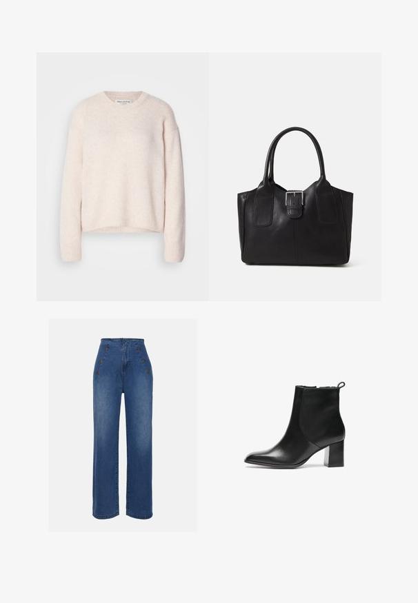 Világos rózsaszín, texturált kötött pulóver kerek nyakkal és hosszú ujjakkal. A bordás mandzsetta és az alsó szegély laza illeszkedést biztosít. A márkacímke a nyakrészen látható.; Közepesen kék, magas derekú farmernadrág. Elöl gombos részletek és széles szárú kialakítás jellemzi. Az anyaga sima tapintású, enyhén megfakult.; Fekete bőr bokacsizma kerek orral, közepes magasságú blokk sarkával és hátsó húzófüllel. Sima felület, minimalista kialakítás.; Fekete bőr bevásárlótáska sima textúrával, strukturált formával, két fogantyúval és egy figyelemfelkeltő ezüst csattal az elején.