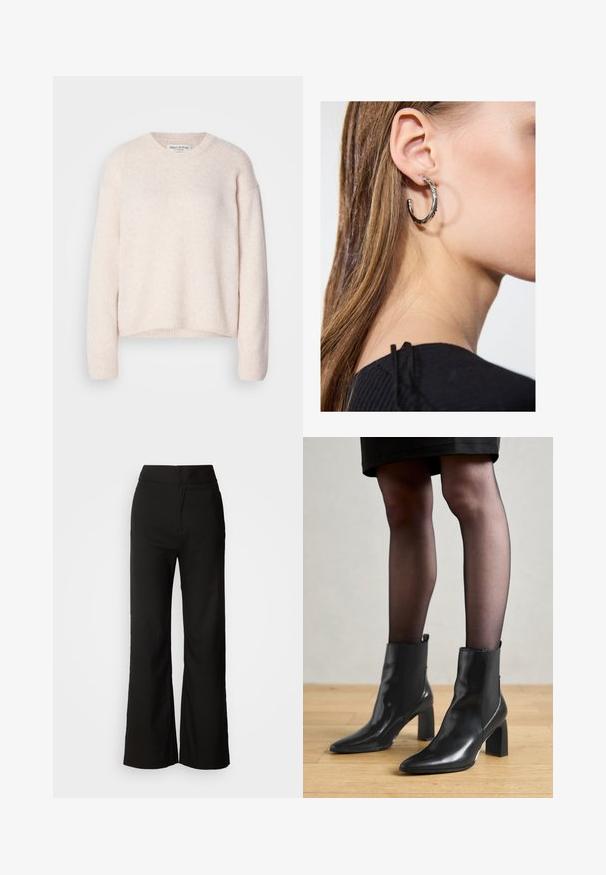 Világos rózsaszín, texturált kötött pulóver kerek nyakkal és hosszú ujjakkal. A bordás mandzsetta és az alsó szegély laza illeszkedést biztosít. A márkacímke a nyakrészen látható.; Fekete, bő szárú nadrág sima textúrával, magas derékkal és letisztult dizájnnal. Nincs látható zseb vagy díszítés.; Fekete bőr bokacsizma, hegyes orral, vastag négyzetes sarkal és letisztult dizájnnal. Az egyszerű felvételt segítő elasztikus oldalsó panelek jellemzik.; Ez egy ezüst fülbevaló, sima felülettel, amelyen apró arany díszítőelemek találhatók. Kerek formájú és a fülcimpán viselik.
