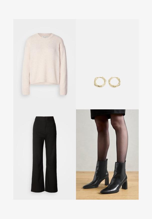 Maglione a maglia testurizzata di un rosa chiaro, con scollo rotondo e maniche lunghe. I polsini e l'orlo a costine offrono una vestibilità casual. Etichetta del marchio visibile all'collo.; Pantaloni neri a gamba larga con texture liscia, vita alta e design semplice. Nessuna tasca visibile o decorazioni.; Stivaletti neri in pelle con punta affusolata, tacco quadrato imponente e design elegante. Dotati di pannelli laterali elasticizzati per una facile vestibilità.; Orecchini a cerchio in oro con una forma irregolare e texture. Presentano una chiusura senza giunture e una finitura superficiale lucida, che enfatizza un design moderno.