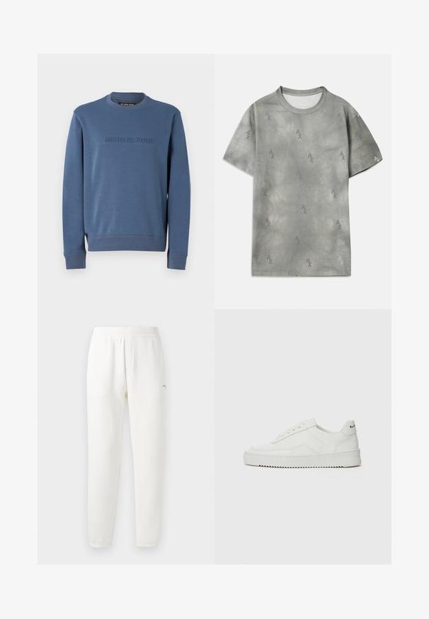 Modrý crewneck svetr vyrobený z měkkého materiálu, s embosovaným logem "MICHAEL KORS" na přední straně, s žebrovanými manžetami a lemem.; Šedé bavlněné tričko s jemným vzorem loga AX, kulatým výstřihem, krátkými rukávy a uvolněným střihem. Hladká textura s mírně vybledlým stylem.; Bílé tepláky vyrobené z měkké látky, s elastickým pasem, zúženými nohavicemi a malým logem na levé straně.; Bílé kožené tenisky s hladkým povrchem, kulatou špičkou, plochými tkaničkami a texturovanou podrážkou. Na patě se nachází nenápadné logo.