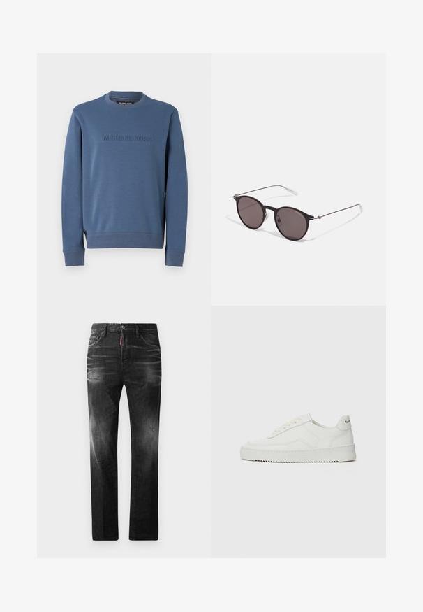 Sweatshirt azul de gola redonda feito de material suave, apresentando o logotipo em relevo "MICHAEL KORS" na parte da frente, com punhos e bainha canelados.; Jeans de denim preto com um corte reto. Apresentam áreas desbotadas, ligeira degradação, design clássico de cinco bolsos e um fecho de botão.; Sapatilha de couro branco com acabamento suave, bico redondo, atacadores planos e uma sola texturizada. Apresenta um logotipo discreto no calcanhar.; Óculos de sol redondos pretos com lentes escuras e hastes metálicas finas. Inclui pontas de templo transparentes e detalhes em prata na dobradiça. Design minimalista.