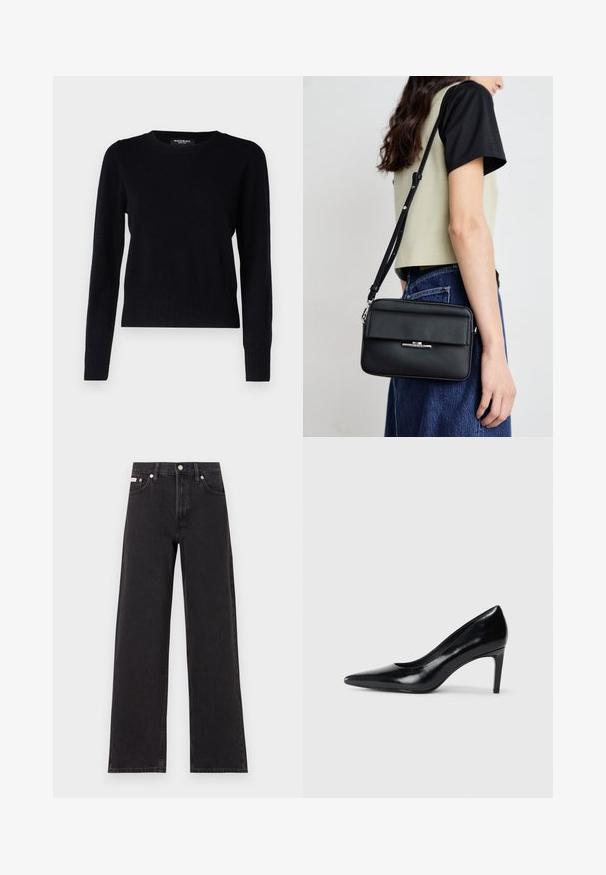 Repeat Striktrøje - black; Sorte vidde jeans lavet af denim, med høj talje, fem-lomme stil og en metalknap lukning med kontrasterende syninger.; Sort læder højhælede sko med spids tå, glat tekstur og en taperet hæl. Minimalistisk design uden yderligere udsmykninger.; Calvin Klein LINEAR CAMERA BAG - Skuldertasker - black