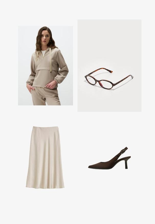 Beżowy sweter z kapturem, z półzamkiem z przodu, elastycznymi mankietami i dekoracyjnymi sznurkami. Gładki, strukturalny materiał.; Kremowa satynowa spódnica o płynnej sylwetce. Posiada gładką fakturę i elastyczny pas dla wygody. Brak dodatkowych szczegółów.; Brązowe zamszowe czółenka na pasek z odkrytą piętą, z wydłużonym noskiem, eleganckim fasonem, cienką szpilką oraz z akcentem klamry na pasku wokół kostki.; Okulary przeciwsłoneczne w kolorze żółwi z owalnymi soczewkami, z ciemną oprawką w jasne i ciemne brązowe wzory oraz smukłymi, zakrzywionymi zausznikami.; Beżowa skórzana torba na ramię o kształcie półksiężyca, gładkiej fakturze i pojedynczym zakrzywionym uchwycie. Posiada zamek błyskawiczny oraz staranne przeszycia.