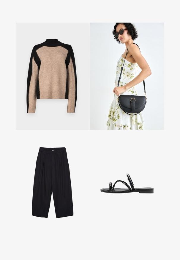 YAS YASTRISTO - Strickpullover - desert taupe/black; Schwarze Polyester-Culotte mit einem elastischen Bund, zwei vorderen Falten und einer lockeren Silhouette. Keine sichtbaren Muster oder Hardware-Details.; Schwarze flache Sandalen mit glänzender Oberfläche, drei dünnen Riemen und einem runden Hardware-Detail an den Zehen. Elegantes Design mit einem minimalen Absatz.; Schwarze Lederhandtasche mit geschwungener Form, abnehmbarem Tragegurt und goldenen Beschlägen. Die Tasche verfügt über einen Deckel mit einer Schnallen-Details.