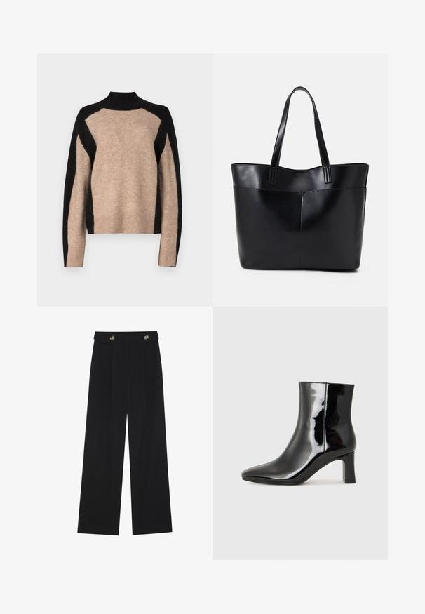 YAS YASTRISTO  - Jumper - desert taupe/black; Black wide-leg trousers with high waist, button details on waistband, and front pleats.; Black patent leather ankle boot with a pointed toe and a mid-height block heel. Smooth texture and minimalist design.; Black leather tote bag with two long handles, a smooth texture, and a structured shape. Features a front pocket for additional storage.