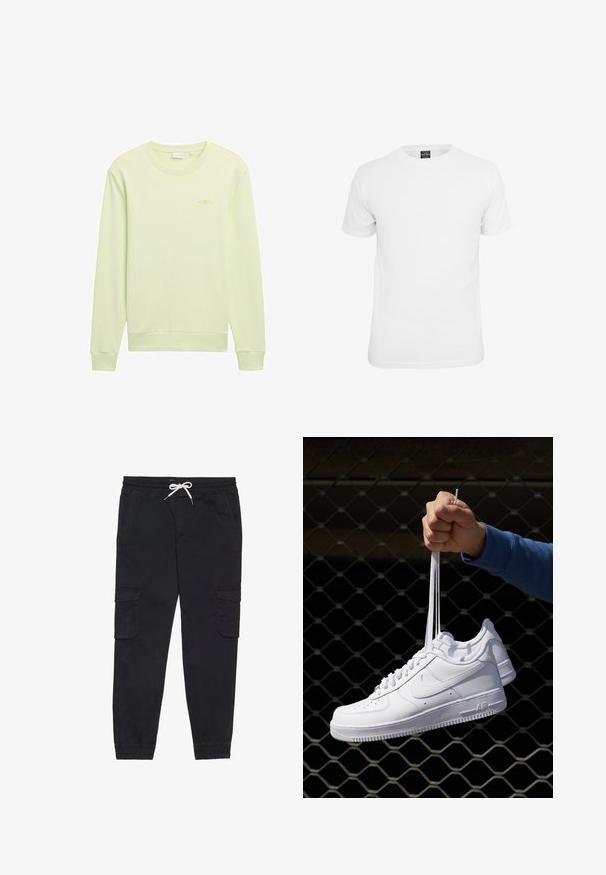 Hellgrüner Hoodie mit Rundhalsausschnitt, gerippten Bündchen und einem kleinen gedruckten Logo mit dem Text "1962" auf der Vorderseite. Weicher Stoff.; Weißes T-Shirt mit kurzen Ärmeln, aus Baumwolle, mit Rundhalsausschnitt und glatter Textur, entworfen für lässige Kleidung.; Schwarze Cargo-Hosen aus Baumwolle mit einem elastischen Bund und Kordelzug, seitlichen Taschen und schmal zulaufenden Bündchen.; Weiße Leder-Sneaker mit Perforationen, runder Zehenpartie, flacher Sohle und dicken Schnürsenkeln, mit sichtbar eingesticktem Swoosh-Logo und "AIR" an der Ferse.