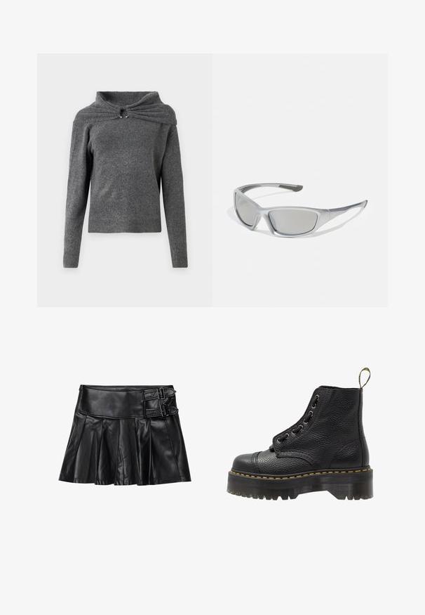 Gray sweater made of soft knit fabric, featuring a unique collar design with a twist detail and silver hardware accents. Long sleeves, ribbed hem.; Black leather skirt with pleats, wide waistband, and two buckle accents on the side. Smooth texture with a glossy finish.; Black leather ankle boot with textured surface, round toe, lace-up design, yellow stitching, and a thick, ridged black platform sole.; Gray sunglasses with a sleek, lightweight plastic frame. Features tinted gray lenses and textured side accents for added grip.