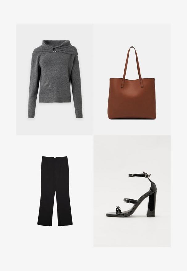 Sivi džemper od mekog pletenog materijala, s jedinstvenim dizajnom ovratnika s detaljem u obliku spirale i srebrnim metalnim dodacima. Dugi rukavi, rebrasti rub.; Crne hlače ravnog kroja, s prednjim džepovima i bočnim prorezima na rubu. Izrađene od mekog i glatkog materijala. Pogodne za razne prigode.; Crne lakirane sandale na visoku petu s dva remena s kopčama, kvadratnim vrhom i masivnom blok petom, s glatkom, sjajnom teksturom.; Smeđa kožna torba preko ramena s glatkom teksturom, otvorenim vrhom i dvjema naramenicama. Ima minimalne šavove i nema vidljivog hardvera.