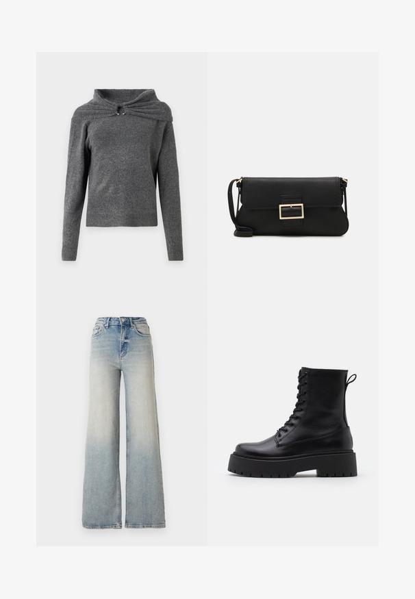 Harmaa villapaita, joka on valmistettu pehmeästä neuloksesta ja jossa on ainutlaatuinen kaulusdesign, jossa on kiertoyksityiskohta ja hopeiset metalliosat. Pitkät hihat, ribbauspäällä.; Vaaleansiniset leveälahkeiset farkut, joissa on korkea vyötärö, viisi taskua ja näkyvät ompeleet saumoissa.; Musta nahkainen nilkkureita, joissa on pyöreä kärki, nauhakiinnitys edessä ja paksu kumipohja, jossa on teksturoitu pinta. Takana vetotappi.; Musta nahkainen kynäpenkkilaukku, jossa on läppä ja kultainen metallinen solkiyksityiskohta. Mukana musta hihna ja tyylikäs, minimalistinen muotoilu.; Kultaiset rengaskorvakorut, ohuet ja pyöreät, joissa on sileä metallipinta ilman koristeluja tai kuvioita.