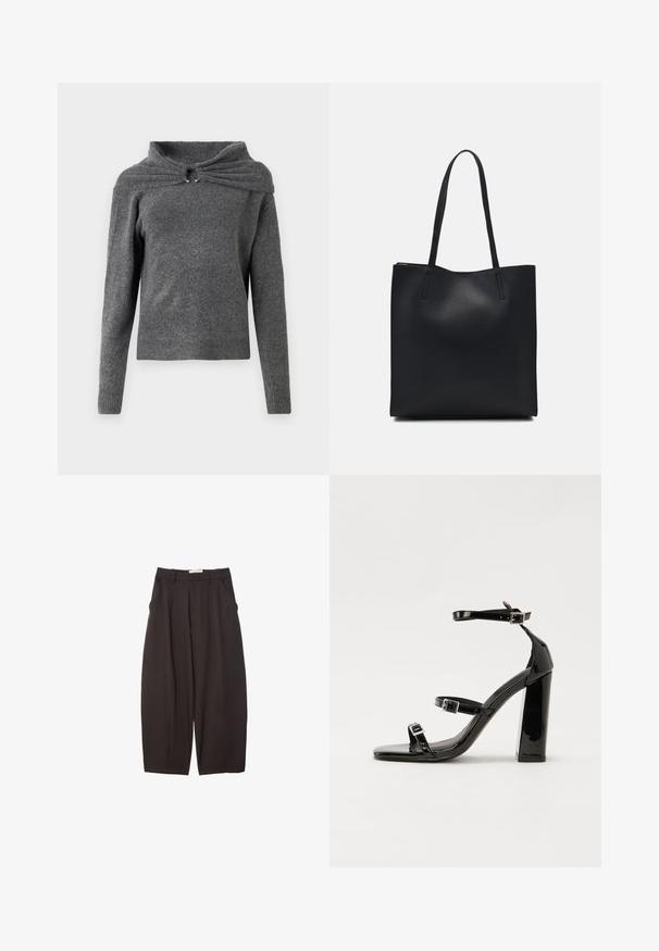 Grauer Pullover aus weichem Strickstoff, mit einem einzigartigen Kragendesign und einem Twist-Detail sowie silbernen Hardware-Akzenten. Lange Ärmel, gerippter Saum.; Schwarze weit geschnittene Hosen aus einem glatten Stoff, mit hoher Taille, Frontfalten und Seitentaschen. Schlichtes Design ohne Verzierungen.; Schwarze patentierte Sandalen mit Absatz, quadratischer Spitze, Knöchelriemen und silbernen Schnallen. Mit einem stabilen Blockabsatz für mehr Stabilität.; Schwarze Laptoptasche aus Leder mit glatter Textur, rechteckiger Form und zwei langen Griffen. Keine sichtbaren Beschläge oder Verzierungen.