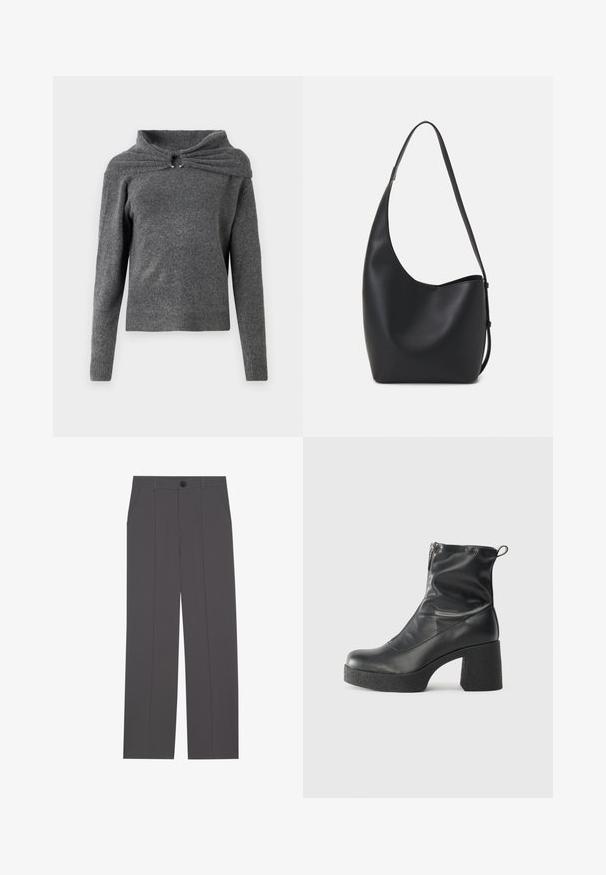 Gray sweater made of soft knit fabric, featuring a unique collar design with a twist detail and silver hardware accents. Long sleeves, ribbed hem.; Grey trousers with a straight leg design, featuring two side pockets and a button closure. Smooth fabric with no visible patterns or accents.; Black ankle boots made of smooth leather, featuring a side zipper, chunky textured heel, and rounded toe design.; Black leather hobo bag with a smooth texture, curved shape, and single adjustable strap; features a wide opening at the top.