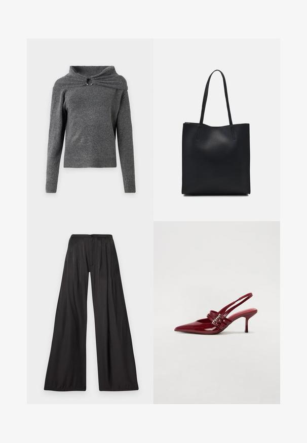 Gray sweater made of soft knit fabric, featuring a unique collar design with a twist detail and silver hardware accents. Long sleeves, ribbed hem.; Wide-leg trousers made of smooth black fabric. Features vertical pleats, a button closure, and a high waist design. Minimalist style.; Red patent leather slingback heels with a pointed toe, two buckle straps, and a slim, mid-height stiletto heel. Smooth texture.; Black leather tote bag with smooth texture, rectangular shape, and two long handles. No visible hardware or embellishments.