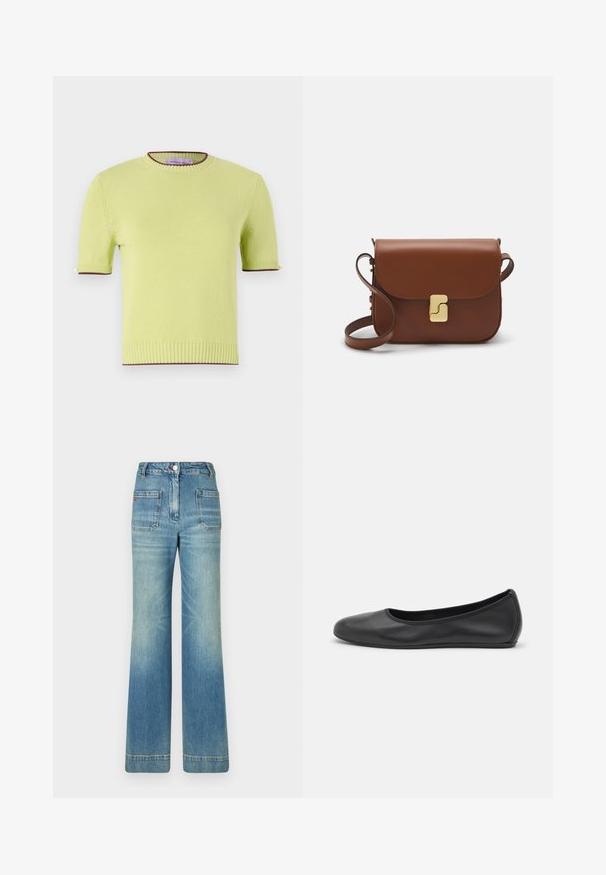 Pull court à manches courtes en vert clair avec un col rond côtelé et des bordures contrastantes en maroon aux manches et à l'ourlet. Tissu tricoté texturé.; T-shirt blanc à manches courtes en tissu côtelé. Col rond, coupe régulière et détails de couture subtils. Aucune motif ni graphique.; Jeans en denim bleu clair évasés avec cinq poches, passants de ceinture, fermeture à bouton et une texture légèrement décolorée, présentant un détail de logo rouge à l'arrière.; Ballerines en cuir noir avec un bout rond, texture lisse, détails de couture minimalistes et design de semelle flexible.; Sac à main en cuir marron avec une fermeture à rabat, des accents en métal doré, une bandoulière et une texture lisse. Forme rectangulaire compacte.