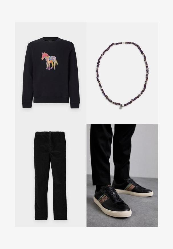 Black sweatshirt featuring a colorful graphic of a horse. The design showcases various shades including pink, blue, and yellow.; Black straight-leg velvet pants with elastic waistband and front drawstring, displayed against a plain white background.; Black leather sneakers with multicolored striped accents, round toe, and white rubber soles, featuring lace-up design and embossed branding.; Multicolored beaded necklace with dark blue, red, and yellow beads, interspersed with silver accents and a dangling charm.