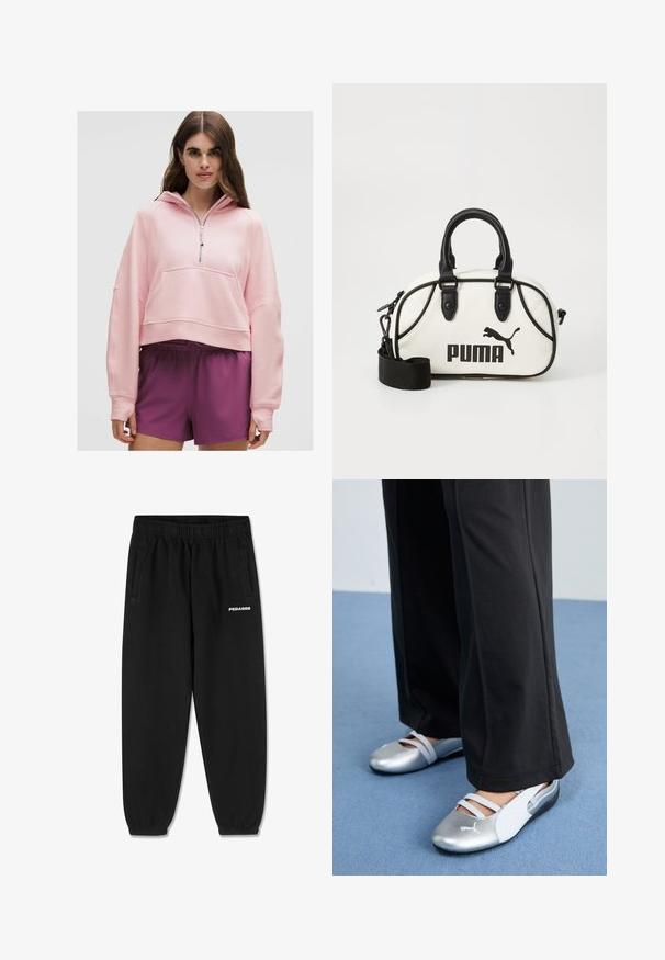 Růžová zkrácená mikina s čtvrtzipem, přední kapsou, měkkou strukturou a volnými rukávy, v kombinaci s fialovými sportovními šortkami.; Šedé bavlněné tričko s krátkým rukávem, vybavené kulatým výstřihem a malým bílým logem "PEGADOR" na přední straně. Hladká textura, volný střih.; Černé tepláky vyrobené z měkké tkaniny, s elastickým páskem na stažení, zúženými nohavicemi a bočními kapsami. Bílé logo „PEGADOR“ na přední straně.; Stříbrné a bílé ploché boty s křížovými pásky a texturovaným detailem, doplněné volnými černými kalhotami. Umístěno na modré podlaze.; Bílá kabelka s černými akcenty, se znakem Puma. Krátké, zaoblené uši a odnímatelný popruh, vyrobená z texturovaného syntetického materiálu.