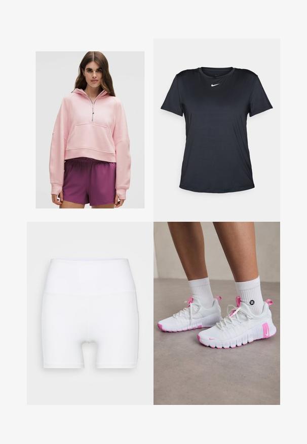 Roza skrajna kapuca z četrtinskim zadrgo, sprednjim žepom, mehko teksturo in ohlapnimi rokavi, v kombinaciji z vijoličnimi športnimi kratkimi hlačami.; Črna atletska majica iz gladkega, lahkega materiala. Ima krojen ovratnik in kratke rokave ter bel Nike logo na prsih.; Bele visoke hlače iz raztegljivega materiala. Imajo gladko teksturo in oprijet obliko, brez dodatnih vzorcev ali kovinskih delov.; Bele športne čevlje v beli barvi z roza podrobnostmi, aerodinamičen oblikovanje, teksturiran zgornji del iz mrežastega materiala in fleksibilen gumijast podplat. Vsebujejo logotip in zanko za poteg.
