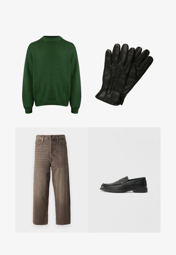 Zeleno pleteno pulover s visokim ovratnikom, spuščeni ramenni šivi ter rebrastimi manšetami in robom. Ima teksturno, mehko tkanino.; Rjavi široki traper hlače. Imajo zadrgo, zanke za pas in pet žepov. Tkanina ima zbledel in teksturiran videz.; Črne usnjene loafer čevlje z gladko površino, zgornjim delom v slogu mokasin, šivanimi detajli in gumijastim podplatom. Klasična zasnova z nizko peto.; Črne usnjene rokavice z gladko teksturo, pet prstov in subtilnimi šivi. Klasičen dizajn, primeren za uporabo v hladnem vremenu.