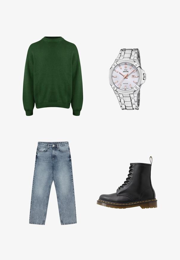 Pull en maille verte avec un col montant, des coutures d'épaule tombantes et des bords-côtes aux poignets et à l'ourlet. Confectionné dans un tissu texturé et doux.; Jean en denim bleu clair avec une coupe droite, couture visible, design à cinq poches et fermeture à bouton à la taille.; Bottine noire en cuir avec bout rond, design à lacets œillets, surpiqûres orange et semelle épaisse translucide. Tirant à l'arrière.; Montre en acier inoxydable argenté avec un cadran blanc texturé, des accents or rose, un affichage de date et un bracelet à maillons. Couvercle en verre saphir.
