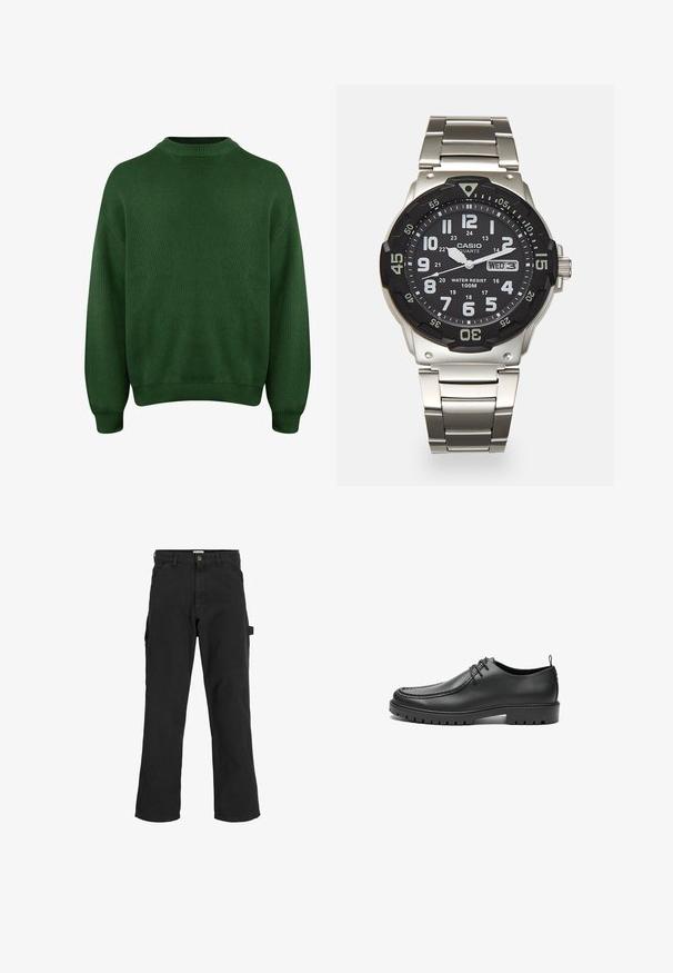 Zelený pletený sveter s vysokým golierom, spadnutými ramennými švami a rebrovanými manžetami a spodným lemom. Má textúrovanú, jemnú tkaninu.; Čierne cargo nohavice z bavlnenej zmesi. Majú široké nohy, predné šikmé vrecká a bočné vrecko s očkom na doplnky.; Čierne kožené topánky s hladkým povrchom, zaoblenou špičkou a dekoratívnym prešívaním. Majú gumovú podrážku s trakčnými drážkami a viazací dizajn.; Kovový quartzový hodinky s čiernym ciferníkom, bielymi číslicami a zobrazením dátumu. Obsahujú nerezový band a vodoodolnosť 100m.