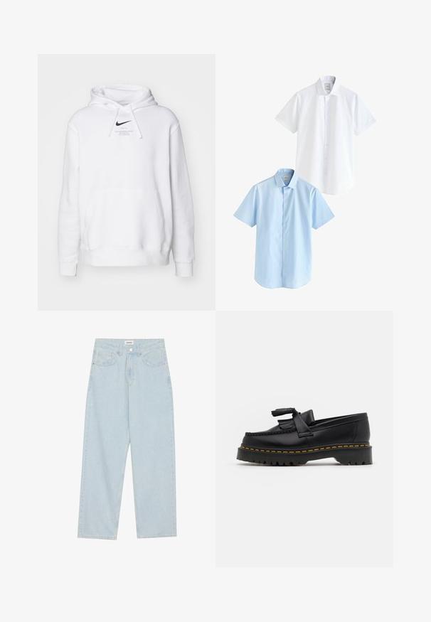 Nike Sportswear HOODIE - Sweatshirt - white; Zwei kurzärmelige Hemden: eines in Weiß und eines in Hellblau. Beide verfügen über eine knopfleiste, einen kragenförmigen Ausschnitt, glattes Baumwollgewebe und eine normale Passform.; Helle blaue weit geschnittene Jeans aus Denim, mit mittelhoher Taille, fünf Taschen und einem Knopfverschluss mit einem schlanken Metallelement.; Schwarze Lederloafers mit einem fransenverzierten Akzent, ausgestattet mit einer robusten schwarzen Sohle und gelber Naht entlang der Kante. Texturierte Oberfläche.