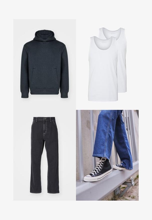 Mörkgrå hoodie gjord av mjukt tyg, med dragsko i huvan, framficka och ribbade muddar och fåll. Enkel, odekorerad design.; Vita bomullstoppar med rundad halsringning, med en mjuk textur. Två stycken visas, märkta "PIER ONE."; Svarta denimjeans med rak passform, som har dragkedja, fem fickor och kontrastsydd längs sömmarna.; Svarta högskurna sneakers med vit sula och snören, tillsammans med lösa blå jeans, vilande på ett grått räcke.