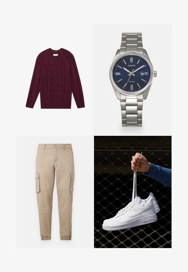 Burgunderfarget strikket genser med teksturert kabeldesign, ribbet rund hals og lange ermer, laget av mykt, tykt garn.; Beige cargo bukser i let bomuldsmateriale. Har elastiske manchetter, flere sidelommer og en knaplukning.; Hvite skinnsneakers med perforeringer, rund tå, flat såle og tykke lisser, med en synlig swoosh-logo og "AIR" på hælen.; Sølv rustfritt stål armbåndsur med en marineblå urskive, metalliske timemarkører og et datovindu ved 3-tiden. Vanntett opptil 50 meter.