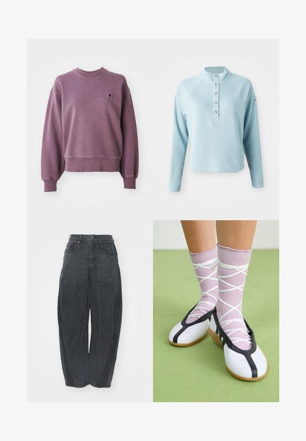 Lilla crewneck-sviiter ribitud varrukate ja äärisega, millel on väikene ruudukujuline Carhartt'i logo tempel vasakul rinnal.; Hele sinine pika varrukaga pluus kõrge kaelusega, tekstureeritud kangas ja nööpidega kinnitamine. Omab raglansleeve'e ja lühendatud hem'i.; Kottide mustad teksad, millel on kulutatud viimistlus, viis taskut, vöökoht nööbiga kinnitamine ja õmmeldud detailid ees ja külgedel.; Valged lamedad jalanõud musta ääre ja tallaga, koos heledate lillade soonikatega sokkidega, millel on valged ristvõrgud. Taustal roheline värv.