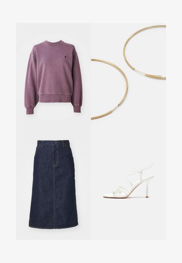 Lilla crewneck sweatshirt med ribbede manchetter og kant, med et lille firkantet Carhartt-logo-patch på venstre bryst.; Hvid ribbet top med tynde stropper, der har et tætsiddende design og en glat tekstur. Stofmaterialet ser elastisk og let struktureret ud.; Mørk denimnederdel med høj talje, lige skæring, forlommer og stikninger. Har lynlås og knaplukning i taljen.; Hvide strop sandaler med høj hæl, flad tåbase, tekstureret forside med sammensunkne detaljer og en smal ankelrem.; Guldfarvede hoops øreringe, tynde og runde i formen, med en glat metallisk finish uden udsmykninger eller mønstre.