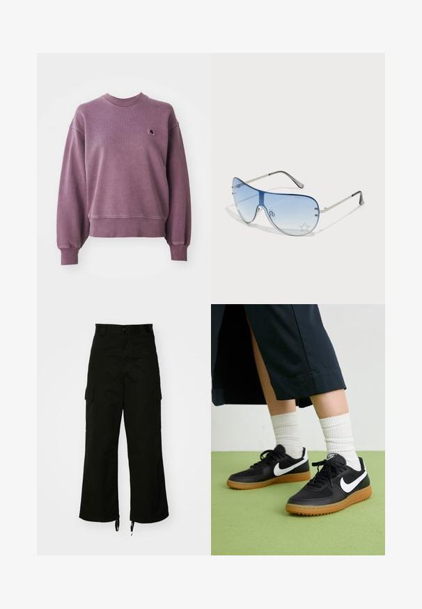 Violetti crewneck-huppari, jossa on ribbireunat hihoissa ja helmassa, ja vasemmassa rinnassa pieni neliömäinen Carhartt-logopatch.; Mustat cargo-housut, jotka on valmistettu puuvillasta. Niissä on leveät lahkeet, sivutaskut ja nyörikujat lahkeissa. Mallissa on nappikiinnitys vyötäröllä.; Mustat nahka- ja synteettiset urheilukengät, joissa on valkoinen Nike-merkki, kuminen pohja, pyöreä kärki ja mustat nauhat. Raitapintaiset valkoiset sukat näkyvissä.; Aviator-mallin aurinkolasit, jotka ovat varustettu gradienttisilla sinisillä linsseillä, hopeisella metallikehyksellä ja koristeellisilla tähtikoristeilla linsseissä. Joustava ja viehättävä muotoilu.