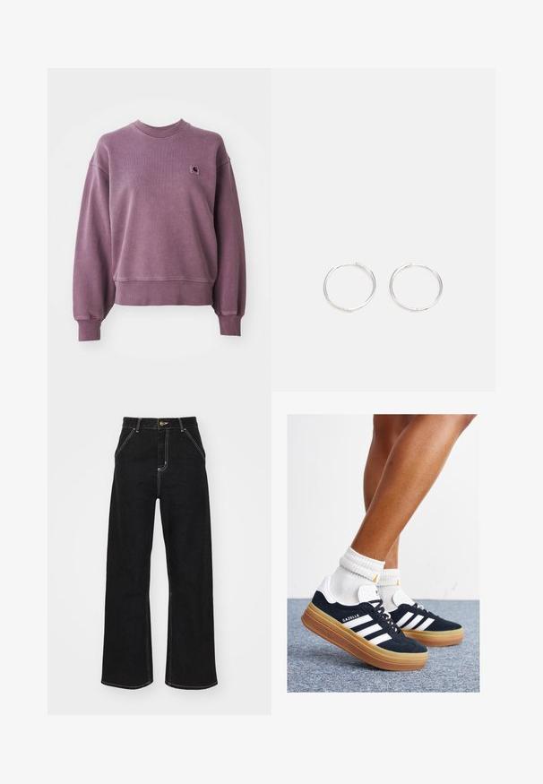 Lilla crewneck-sviiter ribitud varrukate ja äärisega, millel on väikene ruudukujuline Carhartt'i logo tempel vasakul rinnal.; Mustmustest mustadest denimist, millel on kontrastsed valged õmblused ja esine nupp, kahe nurga all asuva esipocketiga.; Mustad seemisnahast tossud valgete triipude ja detailidega, ümarate varbassosadega, kummist välistallaga, paaritatud valgete soonikuliste meessokkidega.; Hõbedased rõngaskõrvarõngad, millel on sujuv ja ümar disain, millel on sile pind ja nähtavad kaunistused puuduvad. Diameeter ei ole täpsustatud.