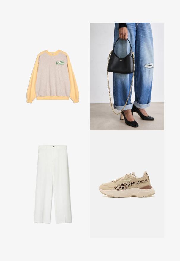 Felpa girocollo con il corpo beige e maniche giallo pastello, caratterizzata dalla scritta verde "Go Bobo Choses" sulla parte superiore sinistra del petto.; Pantaloni bianchi a gamba larga con una texture liscia, dotati di chiusura anteriore con bottone e passanti per cintura, progettati per una vestibilità comoda.; Sneaker beige con una toma superiore testurizzata, con un design a stampa leopardata sul lato, colletto imbottito e suola spessa bianca.; Borsa a tracolla in pelle nera con forma curva, manico corto e tracolla in catena dorata. Indossata con jeans blu strappati e scarpe nere con tacco alto.