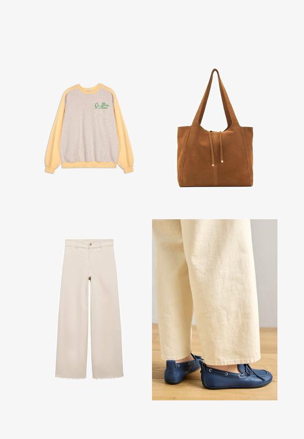 Crewneck sweatshirt with beige body and pastel yellow sleeves, featuring green "Go Bobo Choses" text on the upper left chest.; Beige wide-leg jeans with a high waist, featuring a button closure, front pockets, and frayed hem. Made of denim fabric.; Blue leather shoes with a smooth texture, lacing detail, and silver eyelets, paired with cream-colored, loose-fitting pants.; Brown suede tote bag with two long straps, drawstring closure, and minimalistic design. Smooth texture and no visible hardware accents.